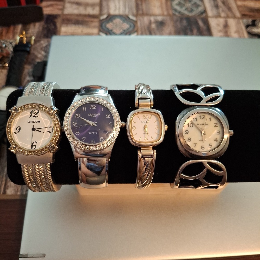 Lot Of 4 Assorted Styles And Brands Womens Silver & Gold Tone Cuff Watches.